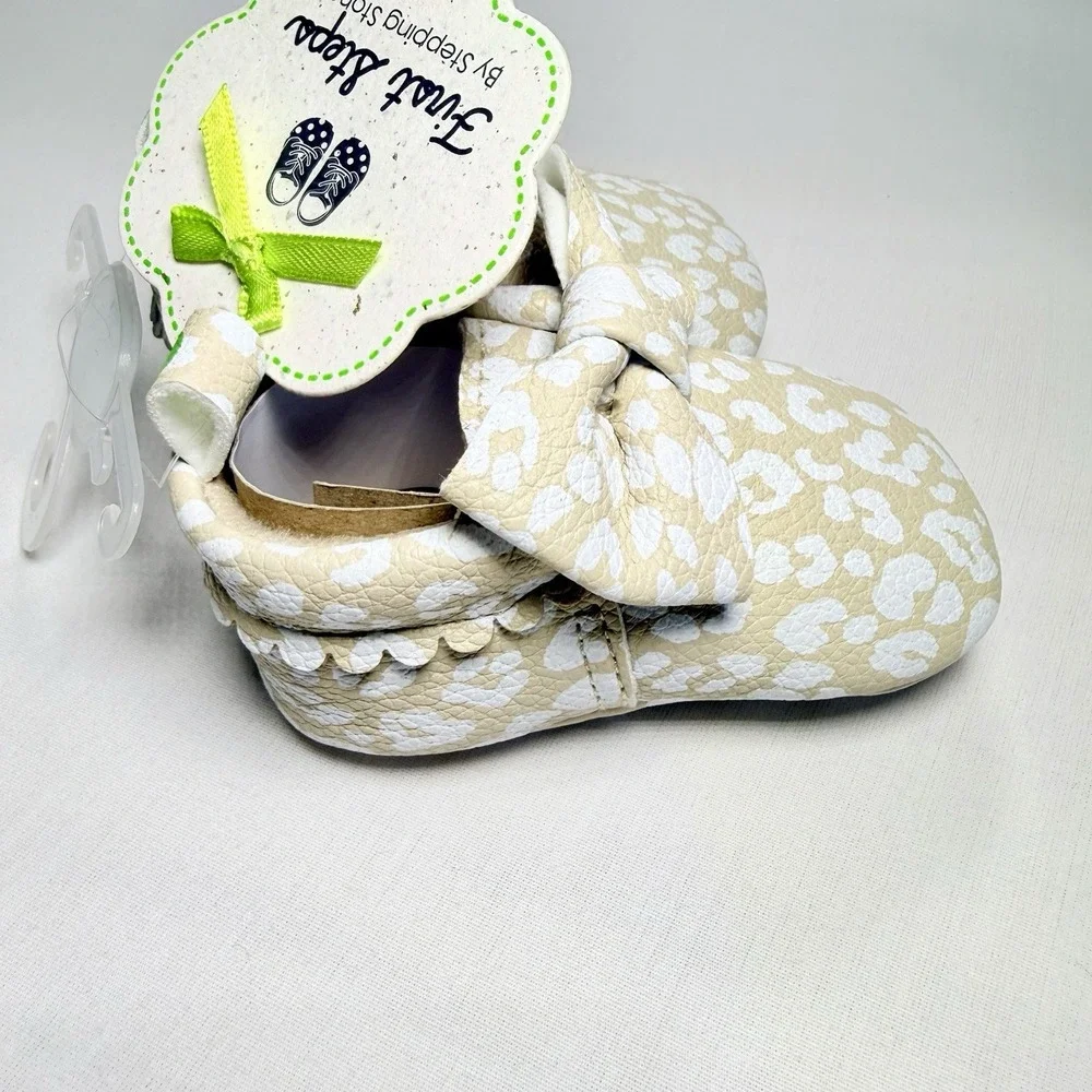 First Step By Stepping Stone Baby Shoes 0-3 Months Size 1 Cheetah Print Bow NWT